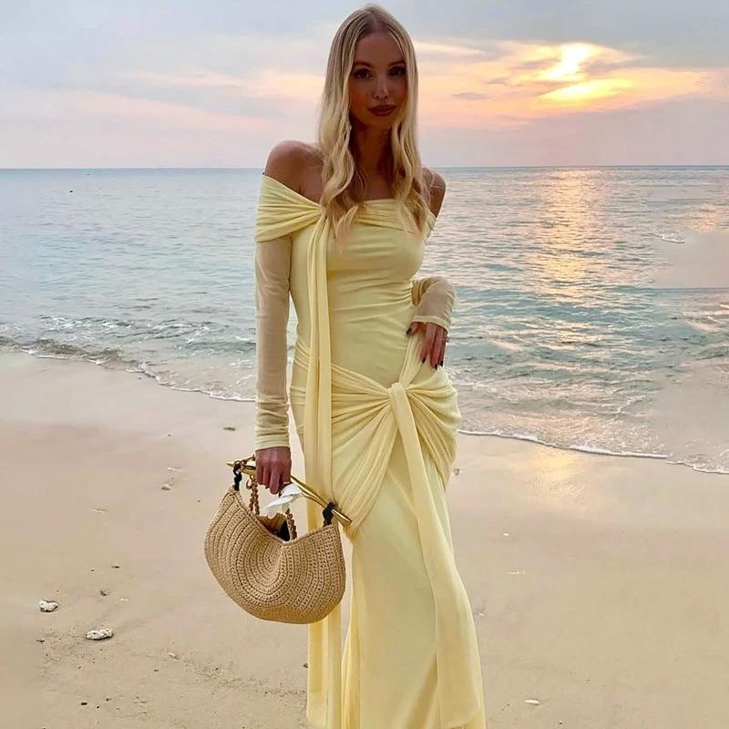 Women's Off-shoulder Slim-fit Lace Up Maxi Dress