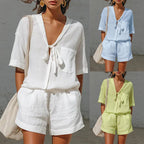 Women's Lace-Up Short-Sleeve Shirt & Loose Shorts Set