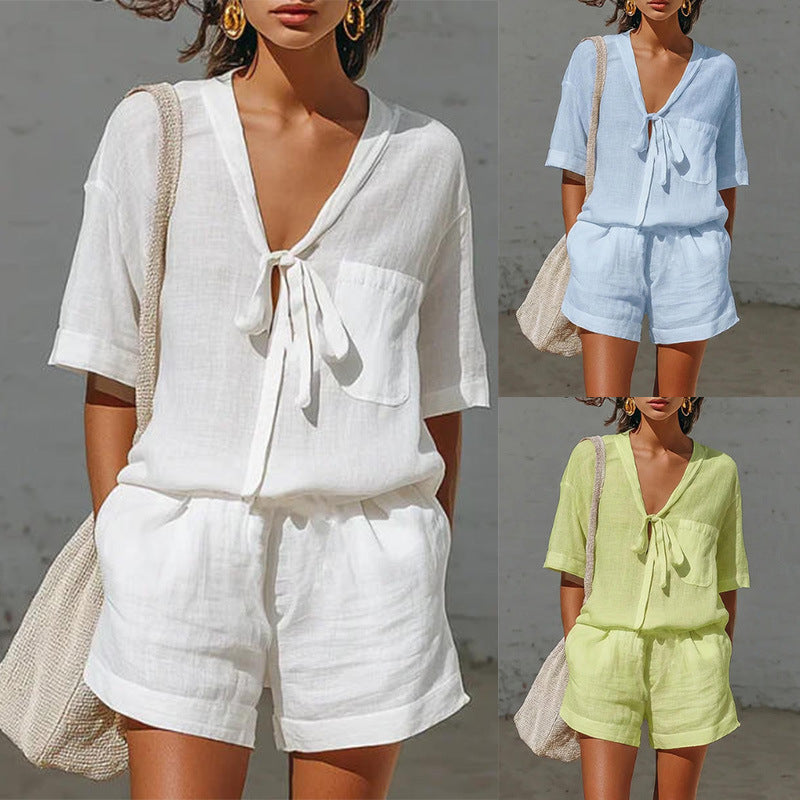 Women's Lace-Up Short-Sleeve Shirt & Loose Shorts Set