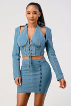 Denim Lace-Up Halter Two-Piece Set