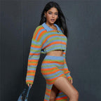 Stripe Sweater Crop Top Matching Long Skirt Split