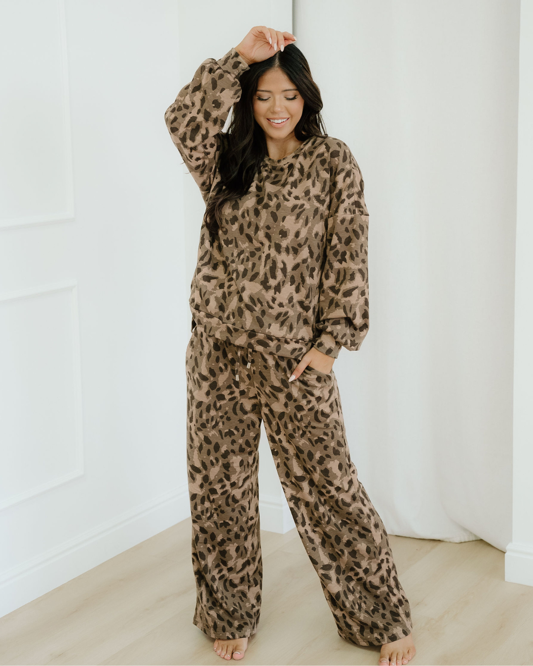 Reese Leopard Print Pullover Drawstring Loose Pants Set - Brown