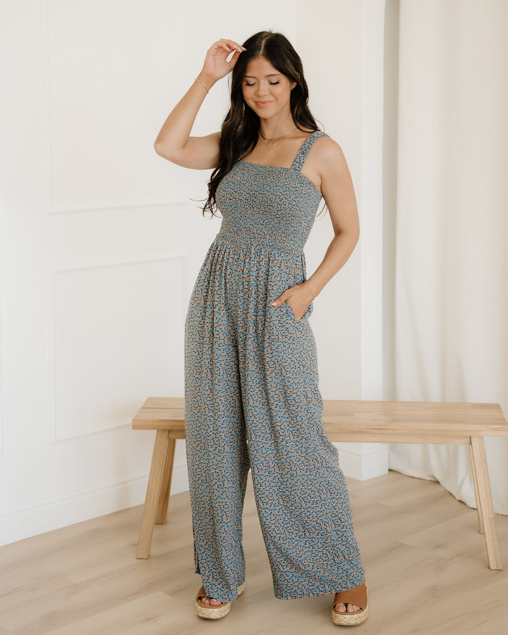 Angelica Square Neckline Stretch High Waist Jumper -  Sea Green Floral