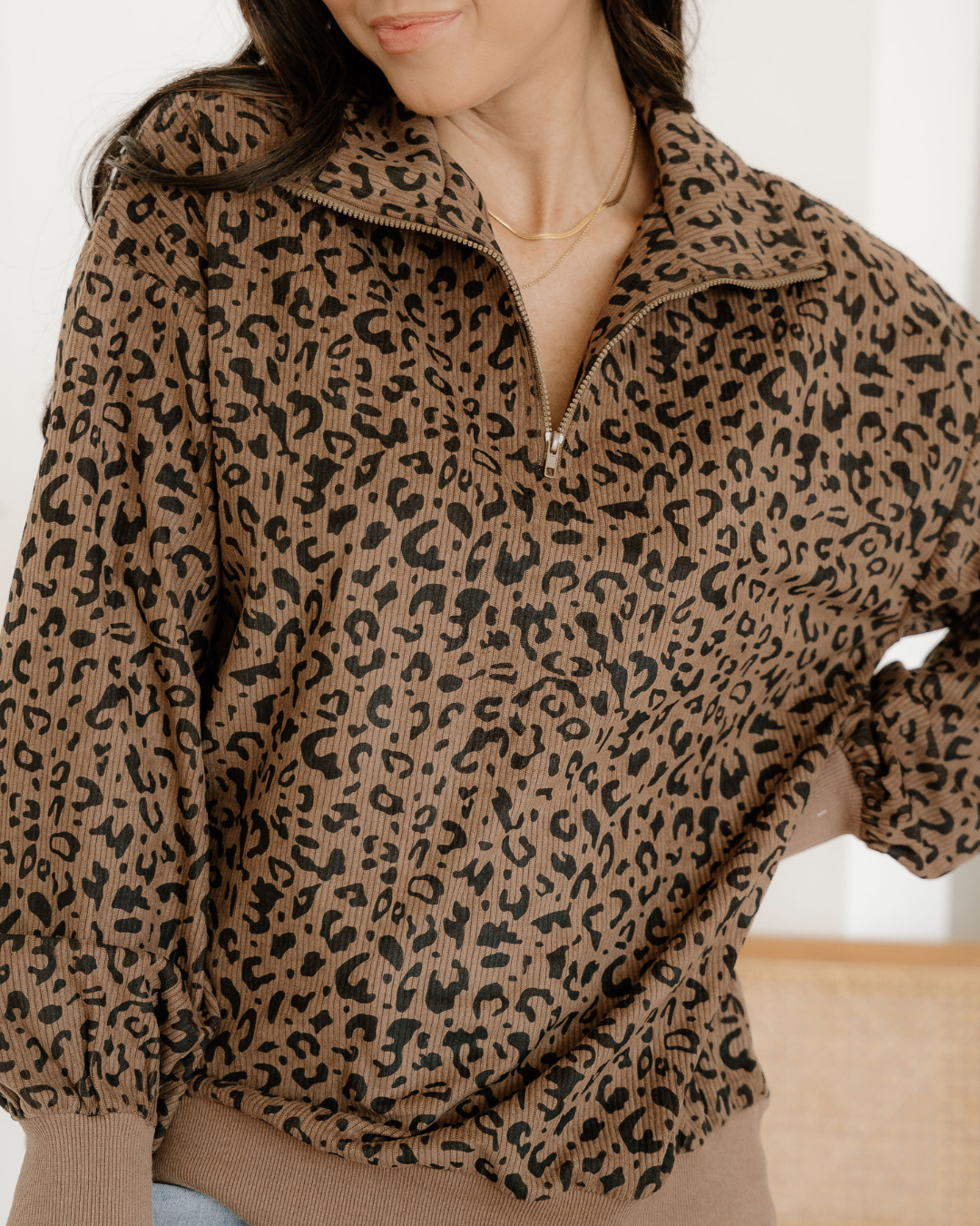 Leopard Print Quarter Zip Corduroy Pullover