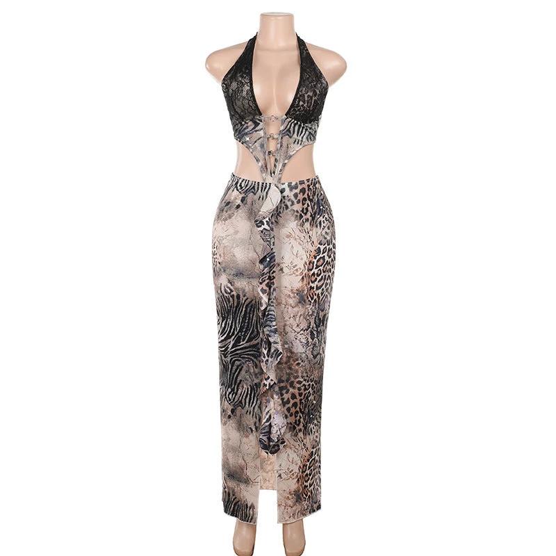 Elegant Sexy Leopard Print Hot Girl Hip cut out Maxi Dress