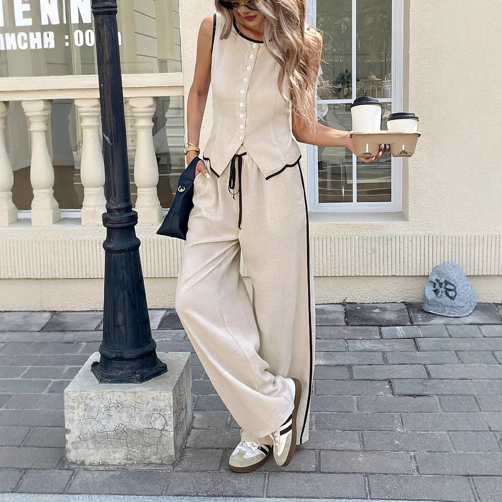 Women's Contrast Color Sleeveless Vest & Drawstring Trousers Suit