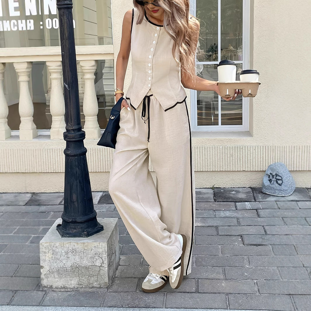 Women's Contrast Color Sleeveless Vest & Drawstring Trousers Suit