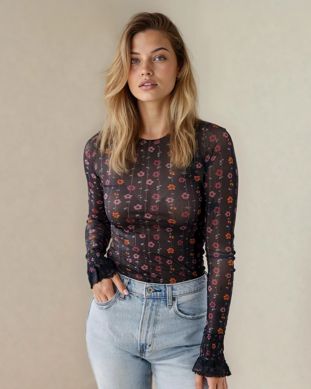 Samantha Floral Print Smocked Cuff Slim Fit Mesh Bodysuit