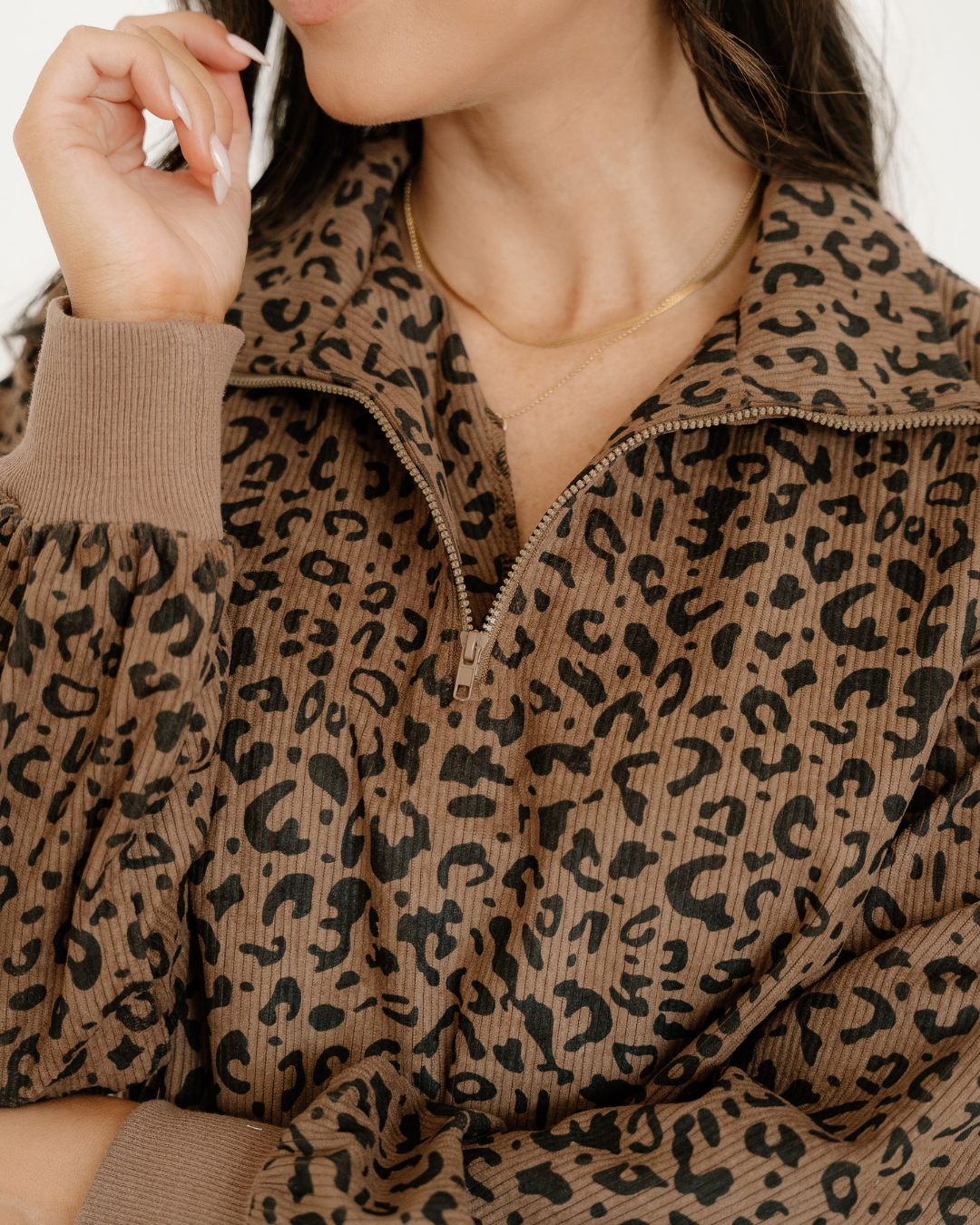 Leopard Print Quarter Zip Corduroy Pullover