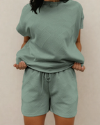 Astrid Textured Short Sleeve Top and Shorts Set - Seafoam