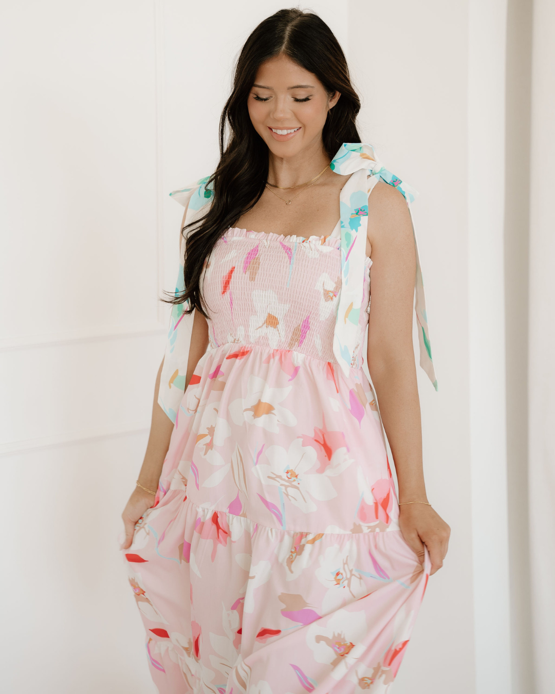 Sunshine Floral Print Knotted Shoulder Smocked Maxi Dress