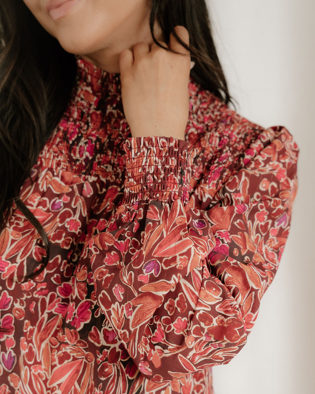 Lilith Long Sleeve Shirred High Neck Loose Mini Dress