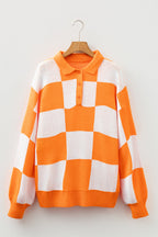 V Neck Checkered Sweater - Tangerine