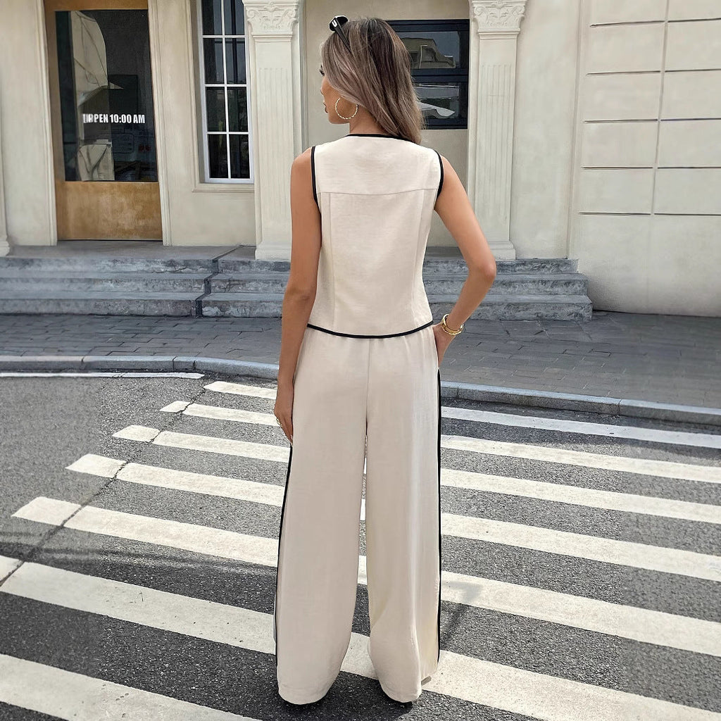 Women's Contrast Color Sleeveless Vest & Drawstring Trousers Suit