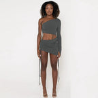 One Shoulder Midriff-baring Top Side Drawstring Skirt Set