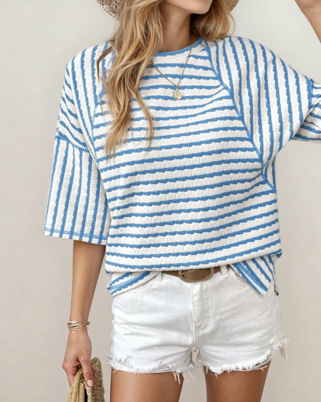 Noelle Textured Knit Split Hem Half Sleeve Loose Top - Sky Blue