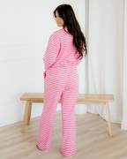 Amayah Stripe Drop Shoulder Round Neck Top and Buttoned Straight Pants Two Piece Set
