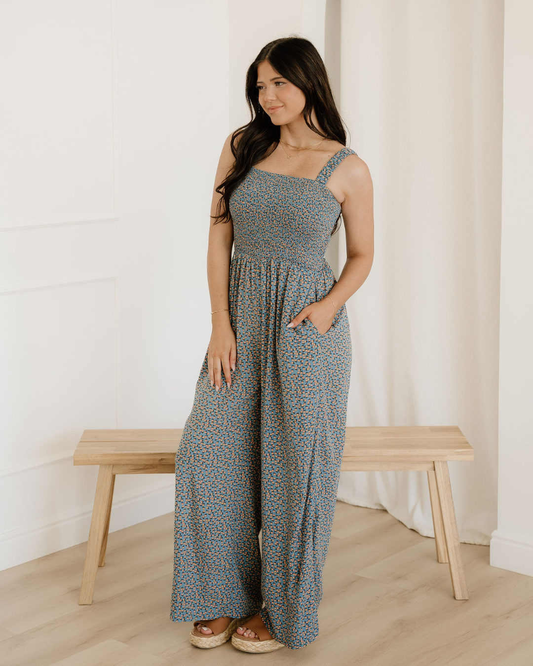 Angelica Square Neckline Stretch High Waist Jumper -  Sea Green Floral