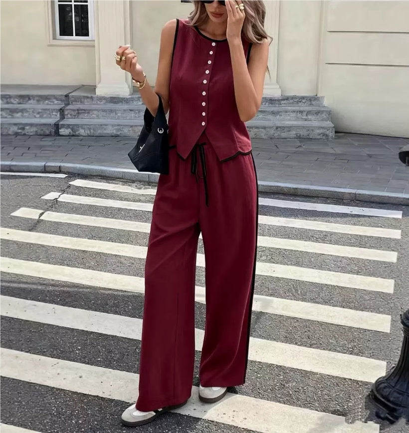 Women's Contrast Color Sleeveless Vest & Drawstring Trousers Suit