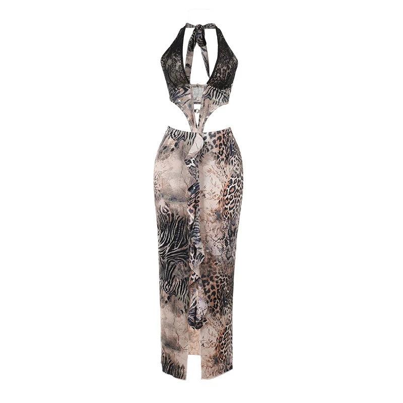 Elegant Sexy Leopard Print Hot Girl Hip cut out Maxi Dress