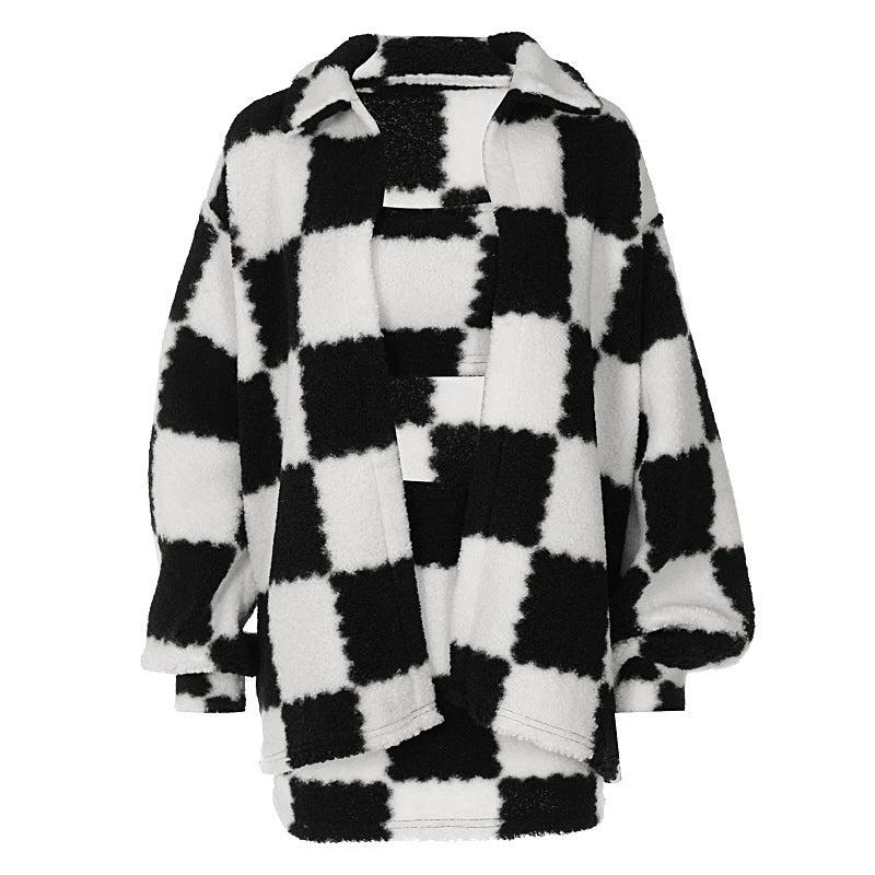 Black And White Checkered Coat and Skirt Set