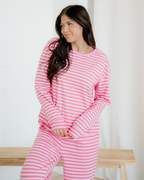 Amayah Stripe Drop Shoulder Round Neck Top and Buttoned Straight Pants Two Piece Set