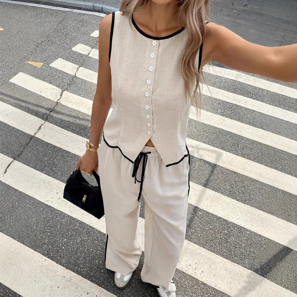 Women's Contrast Color Sleeveless Vest & Drawstring Trousers Suit