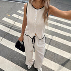 Women's Contrast Color Sleeveless Vest & Drawstring Trousers Suit