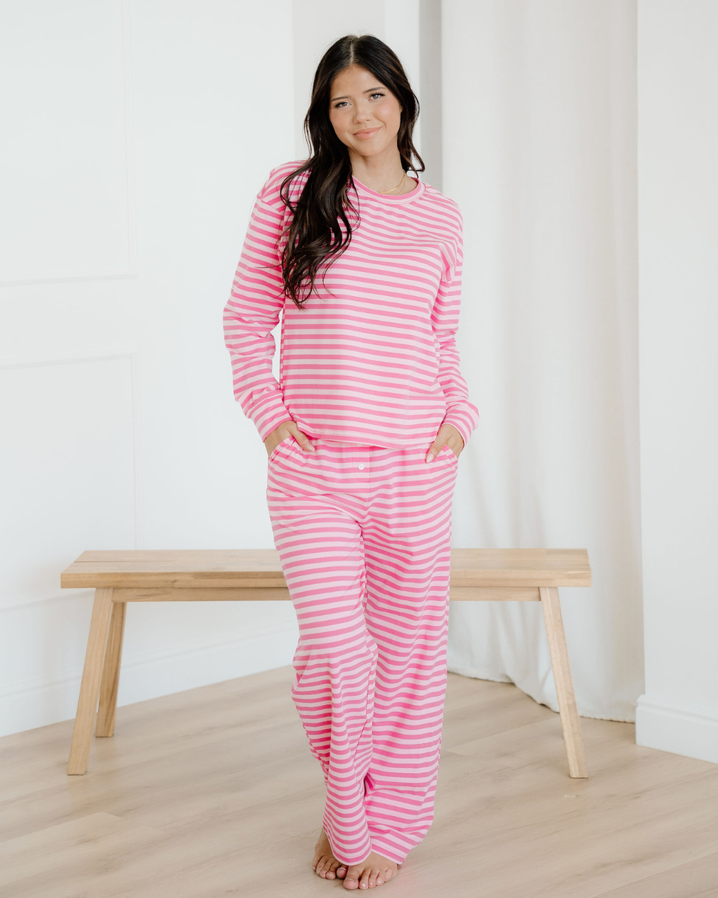 Amayah Stripe Drop Shoulder Round Neck Top and Buttoned Straight Pants Two Piece Set