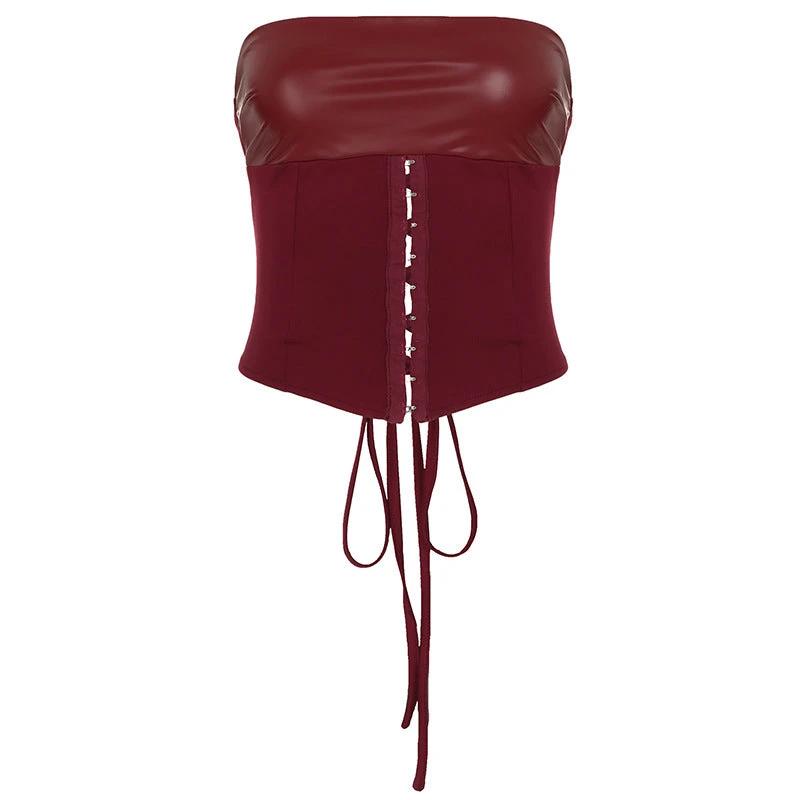 Lace-up Tube Top Leather Look Low Rise Hip Belted Skirt Set