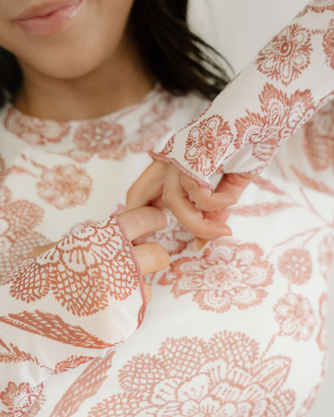Posey Thumbhole Long Sleeve Floral Print Mesh Top - Brown
