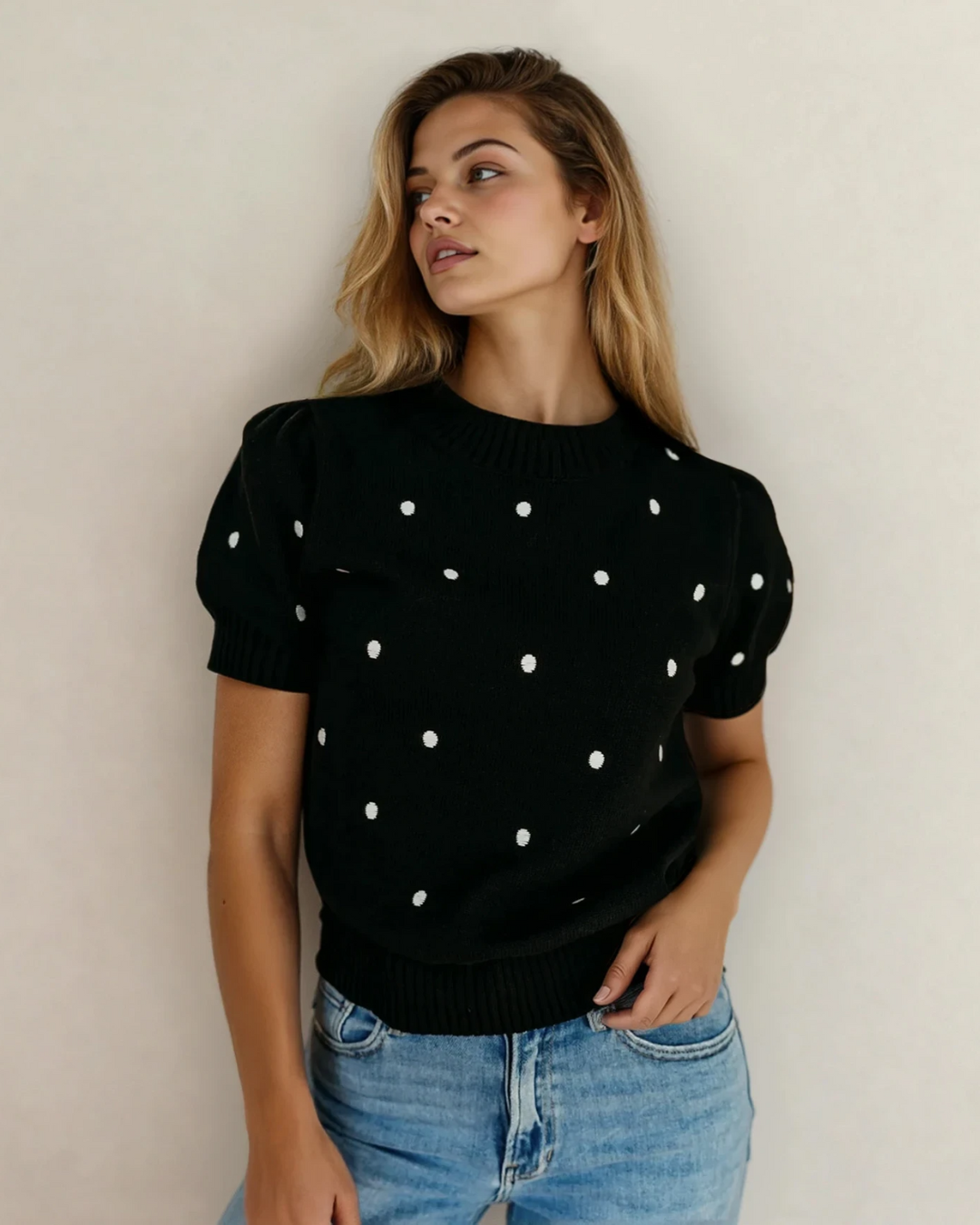 River Polka Dot Bubble Short Sleeve Sweater - Black
