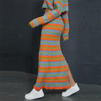Stripe Sweater Crop Top Matching Long Skirt Split