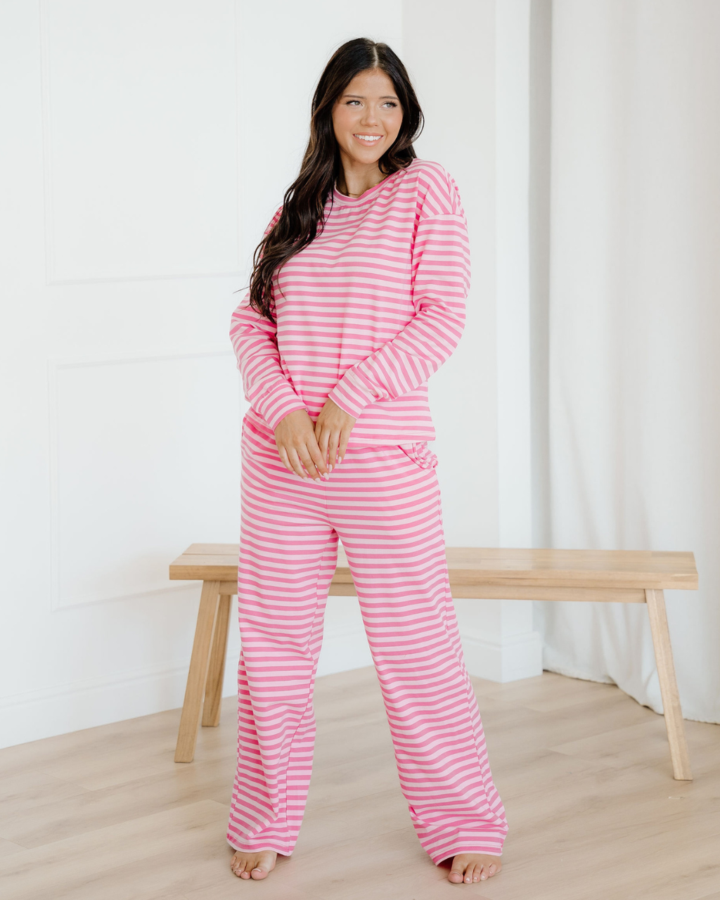 Amayah Stripe Drop Shoulder Round Neck Top and Buttoned Straight Pants Two Piece Set