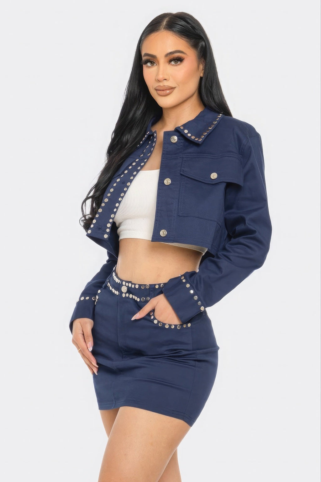 Embroidered cropped shirt skirt set