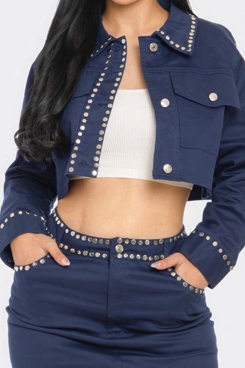 Embroidered cropped shirt skirt set