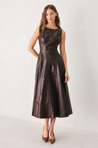 DARK TRUFFLE FAUX LEATHER MIDI DRESS