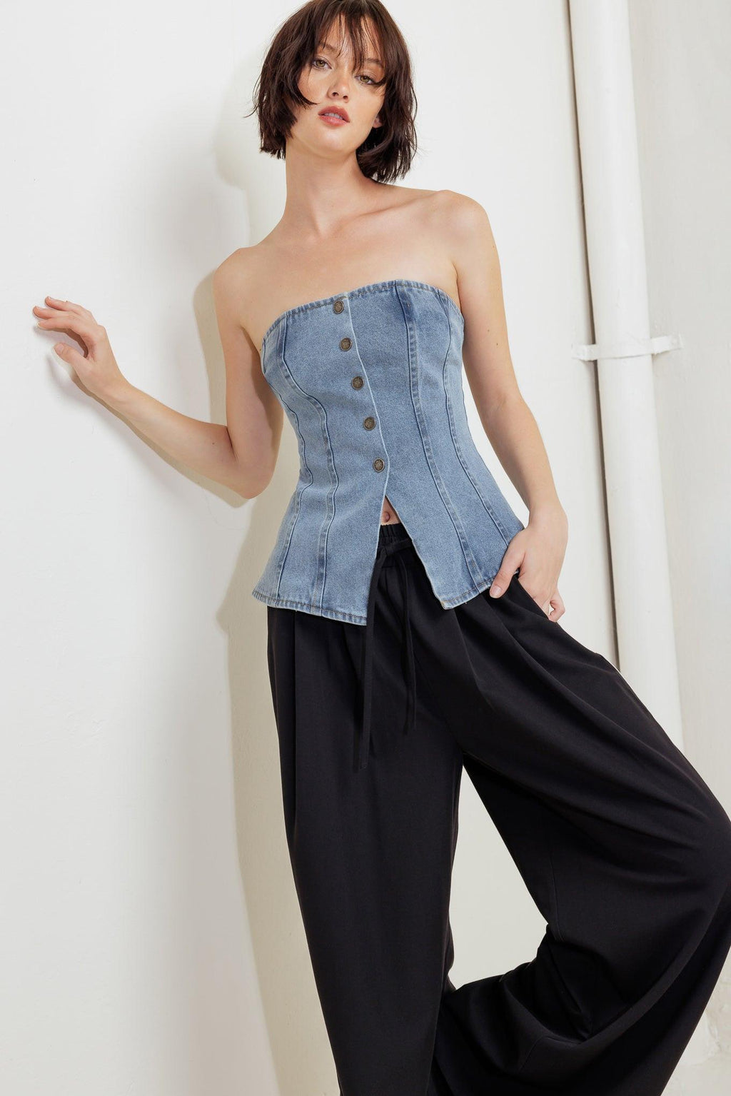 STITCHED SILHOUETTE DENIM TOP