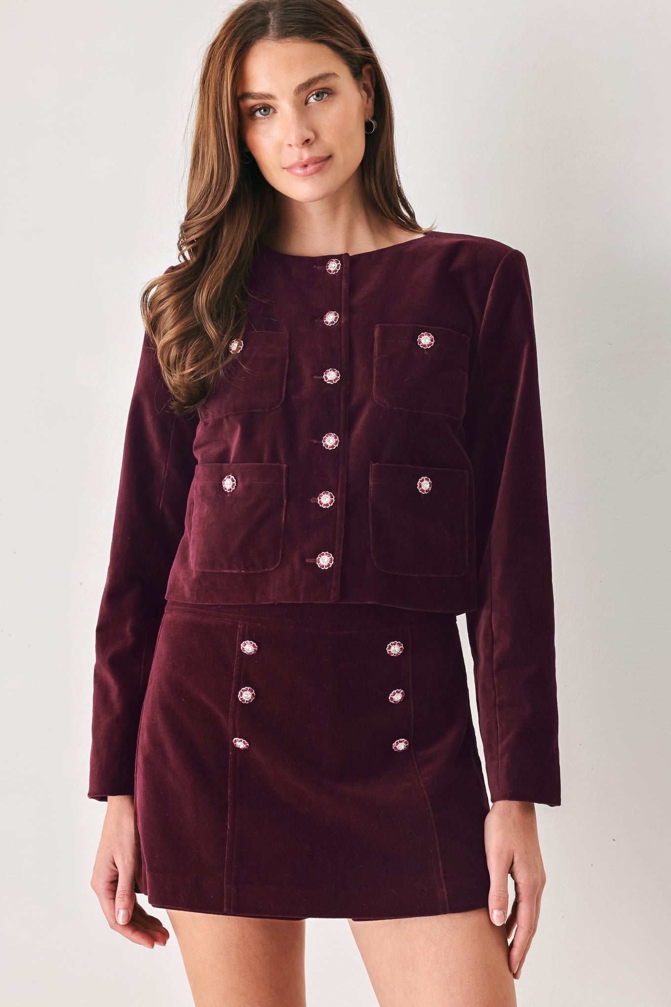 BORDEAUX VELVET BURGUNDY JEWEL-BUTTON CROPPED JACKET – Lovelo