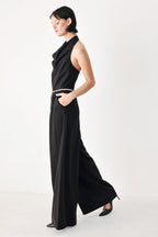MIDNIGHT POISE BLACK HALTER BELTED WIDE-LEG JUMPSUIT