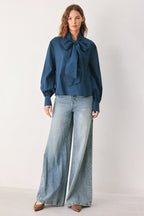 OCEAN INK PUSSY-BOW WOVEN TOP