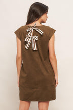 QUIET LUXURY EDGE FAUX SUEDE MIDI SHIFT DRESS