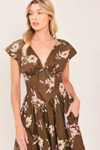 BROWN DAISY WOVEN MIDI DRESS
