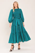 OCEAN DOT RUFFLE WOVEN MIDI DRESS