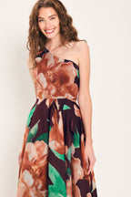 VINTAGE MERLOT WINE PRINTED ONE-SHOULDER MAXI DRESS