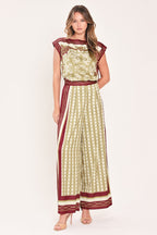 VINTAGE VINE BURGUNDY PRINTED WIDE-LEG PANTS