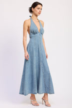 Laurel Halter Denim Midi Dress