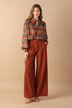 NOSTALGIC TEAL BROWN WOVEN TOP