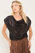 BRONZE GLOW BROWN SEQUIN COWL-NECK DOLMAN TOP