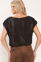 BRONZE GLOW BROWN SEQUIN COWL-NECK DOLMAN TOP